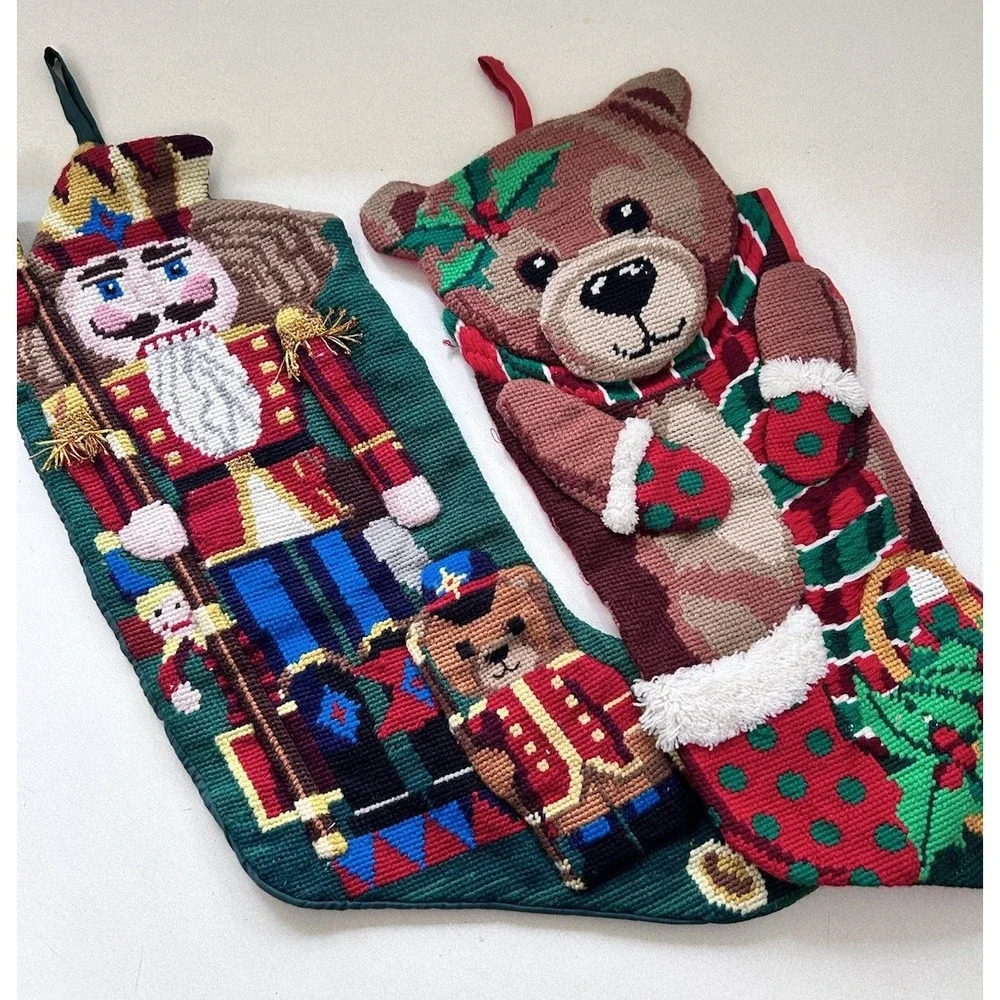Vintage 2 Handmade Needlepoint Christmas Stockings Nutcracker & Teddy Bear